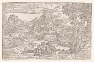 Paysage avec couple et une vielle à roue - Domenico Campagnola