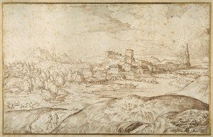 Paysage montagneux avec une rivière et une ville fortifiée avec une tour à flèche