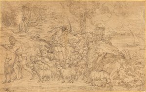 Berger jouant de la flûte et conduisant son troupeau - Domenico Campagnola