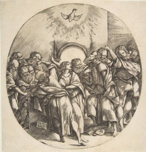 Le Saint-Esprit comme un oiseau descendant avec des ailes déployées au centre supérieur, les douze Apôtres
