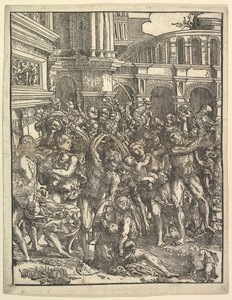 Le Massacre des Innocents côté droit avec un groupe de figures masculines attaquant des femmes et..., 1517 - Domenico Campagnola