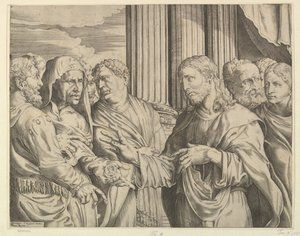 Le paiement du tribut : Christ au centre droit faisant un geste vers un homme à sa gauche avec des pièces de monnaie, vers 1564-89 - Domenico Campagnola
