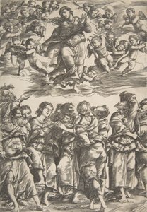 La Vierge au centre en haut dans les nuages avec les mains jointes et le pied droit levé, entourée de...