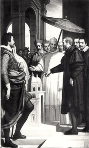 Michel-Ange (1475-1564) présentant un modèle du dôme de Saint-Pierre au pape Paul IV (1476-1559)