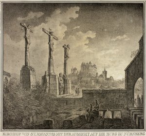 Cimetière Saint-Jean avec vue sur la ville de Nuremberg, extrait de la collection de bâtiments médiévaux mémorables en Allemagne