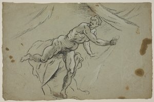 Femme nue avec un morceau de tissu dans les mains quittant précipitamment une tente - Domenico Tintoretto