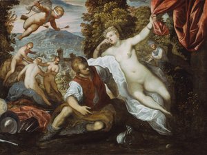 Vénus et Mars avec Cupidon et les Trois Grâces dans un paysage, 1590-95 - Domenico Tintoretto