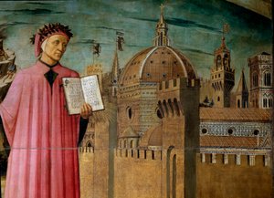 Dante Alighieri présente son œuvre la Divine Comédie. (détail)