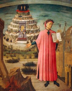 Dante Alighieri avec la Divine Comédie à la main et les montagnes du purgatoire en arrière-plan (détail)