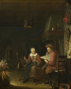 Intérieur avec un homme lisant et une femme filant du fil