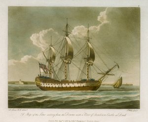 Un vaisseau de ligne naviguant depuis les Downs avec une vue du château de Sandown à Deal - Dominic Serres