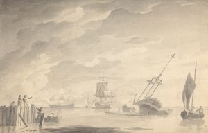 Scène de bataille, trois cuirassés, un en train de couler; figures à gauche dans une barque et sur une jetée