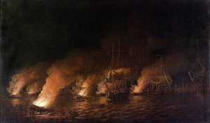 Guerre de Sept Ans (1756-1763) : navires de guerre français attaquant la flotte britannique au large de Québec (Canada) de nuit, le 28 juin 1759 - Dominic Serres
