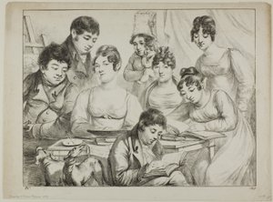 Conversation, une famille dessinant et lisant, la nourrice tenant un nourrisson, un portrait du prince Edmond de Beauvau derrière une chaise, et des portraits de Madame Lavallée et Madame Vallory, toutes deux assises