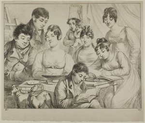 Conversation, une famille dessinant et lisant, la nourrice tenant un nourrisson, un portrait du prince Edmond de Beauvau derrière une chaise, et des portraits de Madame Lavallée et Madame Vallory, toutes deux assises