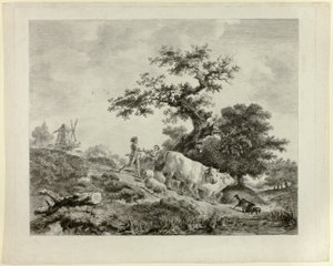 Paysage avec moulin à vent, jeune homme et jeune fille, et deux bœufs - Dominique Vivant Denon