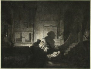 Intérieur : deux femmes et un enfant endormi