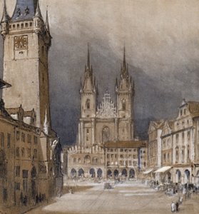 Prague et son hôtel de ville (lithographie en couleur)