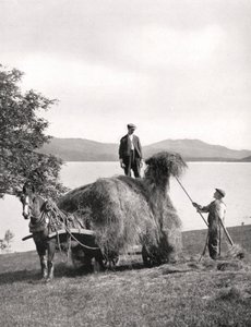 Chargement de foin sur un chariot sur les rives du Loch Lomond, Écosse