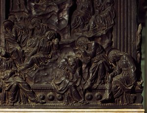 Adoration dans le jardin, détail de la chaire gauche, par Donatello (1386-1466), Basilique Saint Laurent, Florence, Italie