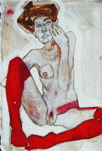 Nu assis, chaussettes rouges
