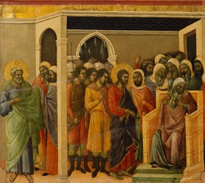 Le Christ devant Caïphe, détail de carreau des Épisodes de la Passion et de la Résurrection du Christ, verso de la Maestà du Retable de Duccio dans la cathédrale de Sienne - Duccio di Buoninsegna