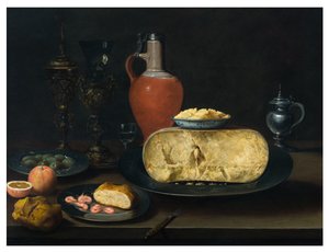 Nature morte avec fromage, beurre, pain, crevettes, oranges, olives et vin sur une table - Dutch School