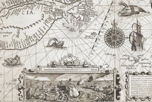 Un détail de deux monstres marins ressemblant à des baleines anciennes et un encart avec des baleines plus réalistes, de 
