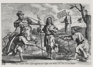 Caricature de Luther, Calvin et Menno Simons disputant le Christ et son enseignement - Dutch School