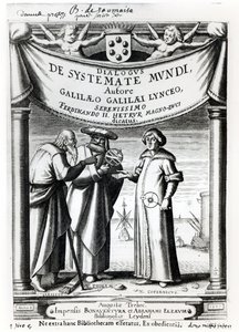 Frontispice du Dialogus De Systemate Mundi par Galilée (1564-1642), publié à Leyde en 1635 - Dutch School