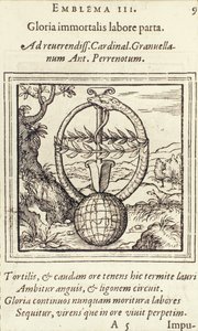 Gloria immortalis labore parta, illustration de Emblemata par Hadrianus Junius, publié par Christophe Plantin, Anvers, 1565 - Dutch School