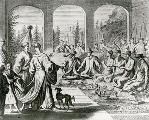 Jésuites avec des marchands néerlandais et portugais à la cour japonaise, vers 1670 (gravure)