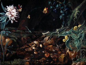 Ruisseau dans un vallon avec des fleurs et des reptiles - Dutch School