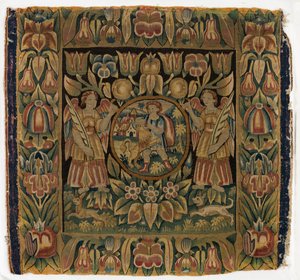 Tapisserie, Samson et le Lion dans un médaillon suspendu par deux anges, fabriquée à Amsterdam, Hollande ou Hambourg, Allemagne, début du XVIIe siècle