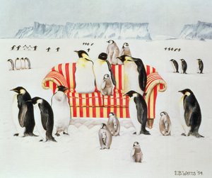 Pingouins sur un canapé rouge et blanc, 1994 - E.B. Watts