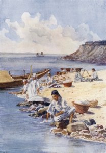Femmes coréennes lavant des vêtements dans une rivière - E.H. Fitchew