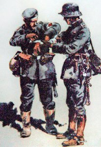 Un infirmier de premier secours soigne un officier blessé sur le front occidental - E. (after) Dobrich