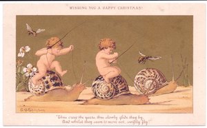 Carte de Noël victorienne de deux bébés nus chevauchant des escargots escortés par des guêpes sur fond doré