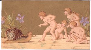 Carte de vœux victorienne de quatre fées nues taquinant un escargot sur fond doré - E. Gertrude Thompson