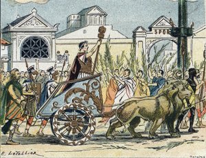 Le cortège triomphal de Jules César (Giulio Cesare ou Caius Julius Caesar) politicien et écrivain romain