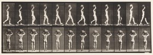 Planche 27. Marche, portant une pierre de 70 lb sur la tête, mains levées - Eadweard Muybridge