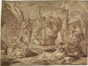 Un saint habillant les pauvres parmi les ruines d