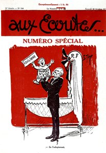 Première page du journal français Aux Écoutes avec un bébé représentant le budget de 1929 qui va être dans le berceau (République française) - Edmond (1861 1943) Tapissier