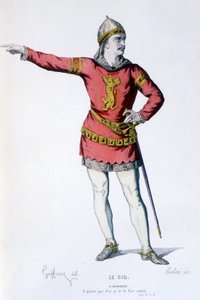 Le personnage de Don Rodrigue dans la tragi-comédie Le Cid - Théâtre complet : (Collection de pièces de Corneille) dessin de Geffroy, gravure de Colin - éd. Laplace, Sanchez et Cie, Paris 1884