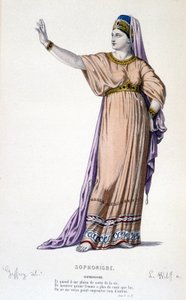 Le personnage de Sophonisbe dans la tragédie Sophonisbe - Théâtre complet : (Collection de pièces de Corneille) dessin de Geffroy, gravure de L. Wolff - éd. Laplace, Sanchez et Cie, Paris 1884 - Edmond Aime Florentin Geffroy