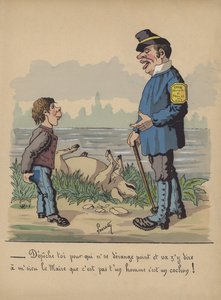 Garde-chasse et garçon avec un cochon mort (lithographie en couleur) - Edmond Lavrate