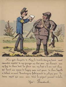 Garde-chasse avec un chasseur qui a tiré sur un chat (lithographie en couleur)
