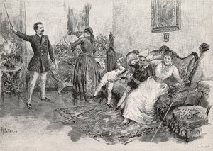 Deux femmes et deux enfants effrayés par un homme intimidant, gravure d