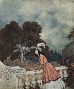 Barbe bleue : La jeune épouse de Barbe bleue, Fatima, demande à sa sœur Anne si elle voit ses frères depuis la tour, vers 1910 (lithographie) - Edmund Dulac