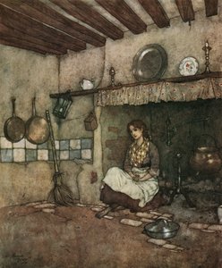 Cendrillon : la jeune Cendrillon assise parmi les cendres dans la cheminée, vers 1910